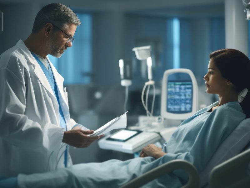 Doctor delivering bad news of the diagnosis of the illness to a middle aged patient in a hospital bed.