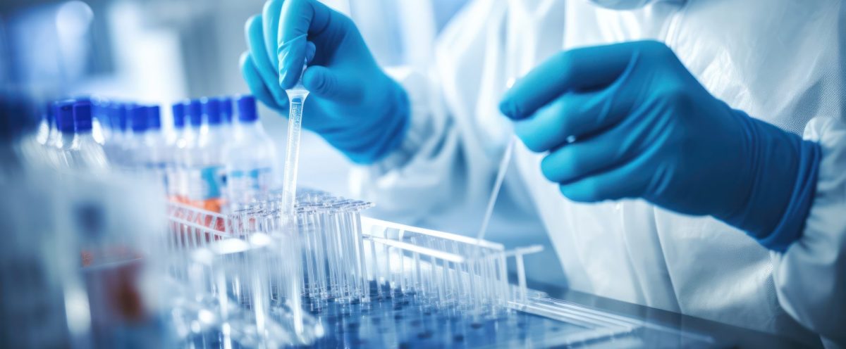 scientist handling a micro pipette, with the lab high tech equipment. Modern and pristine laboratory